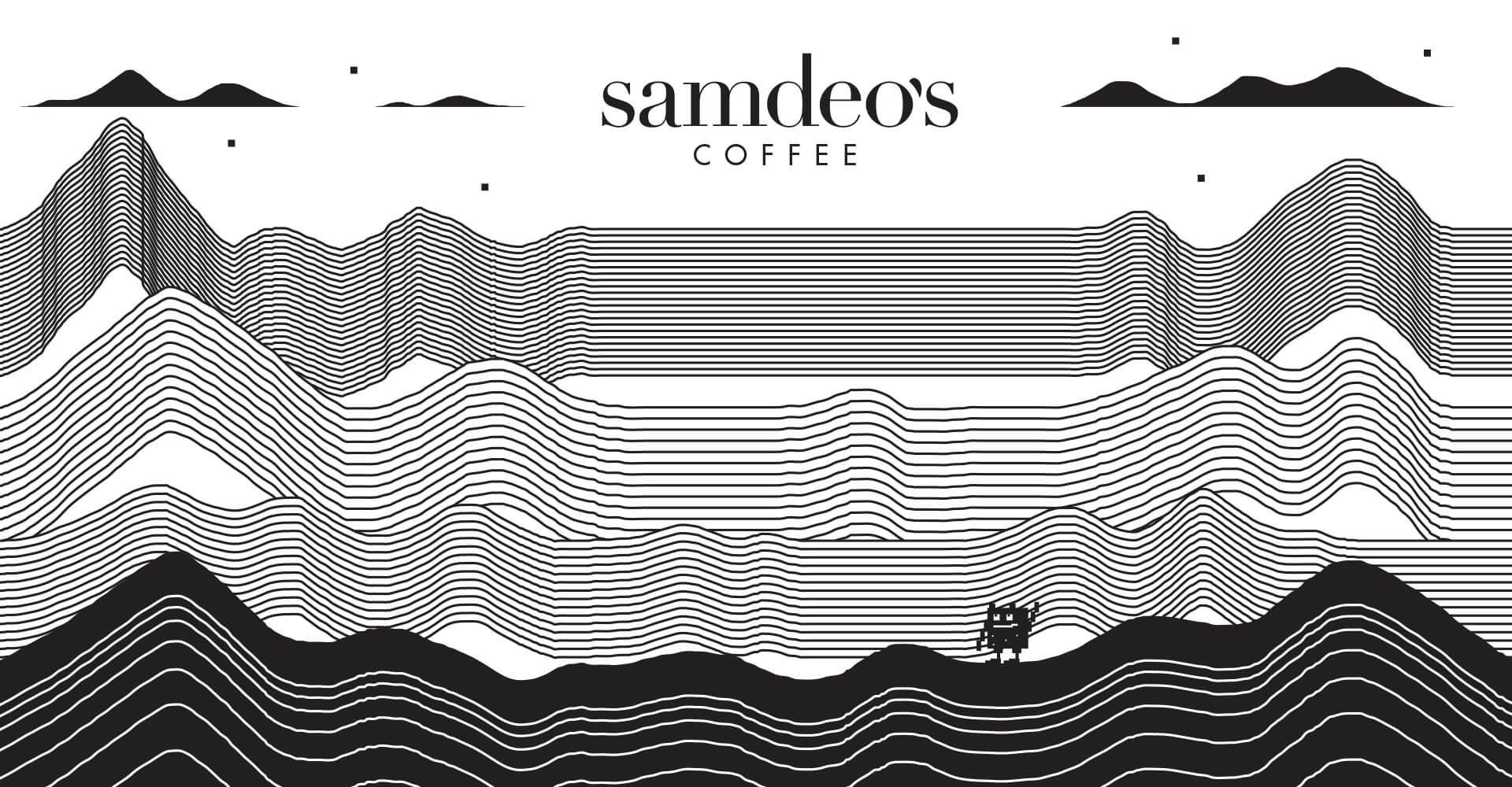 A black and white drawing of a mountain range with the words samdeo 's coffee on the bottom