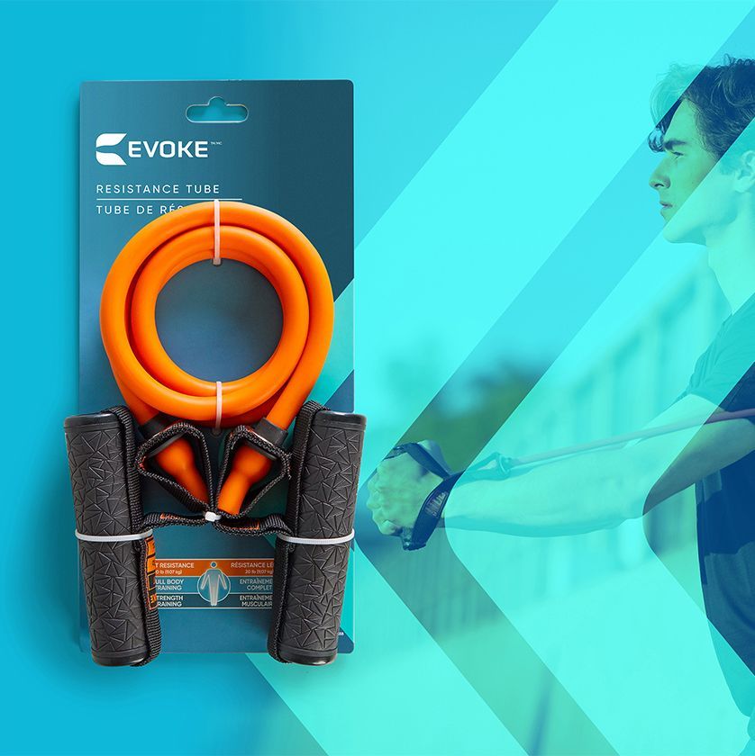 A package of evoke resistance bands with a man in the background