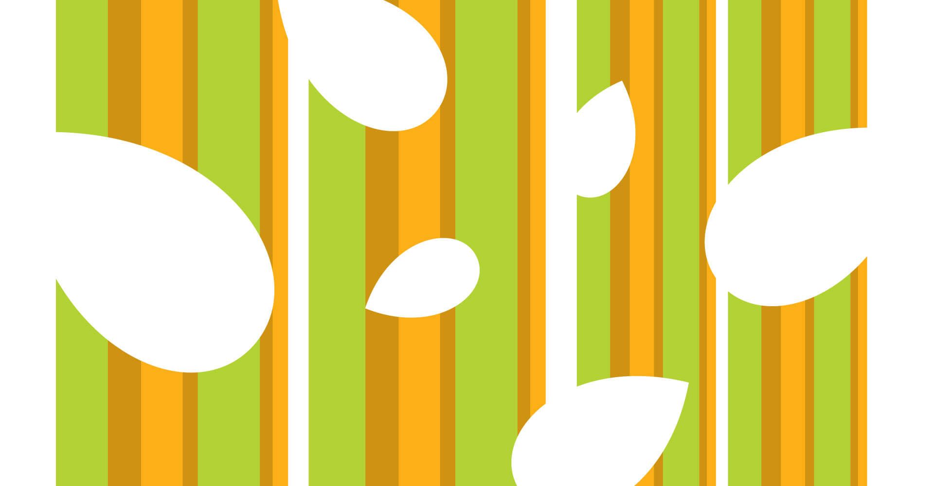 A green and orange striped background with white flowers and leaves.