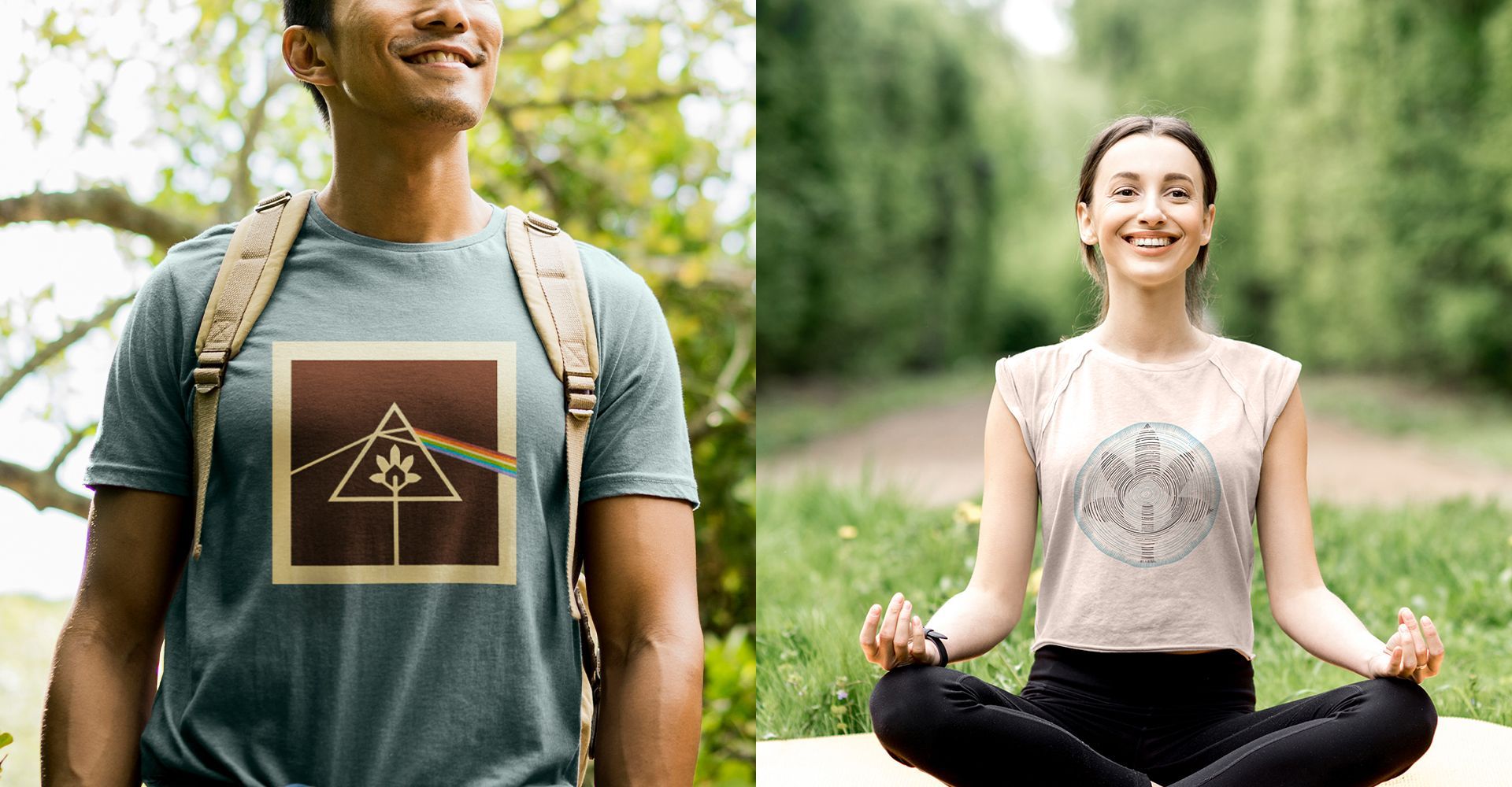 A man and a woman are sitting on a yoga mat in a park.