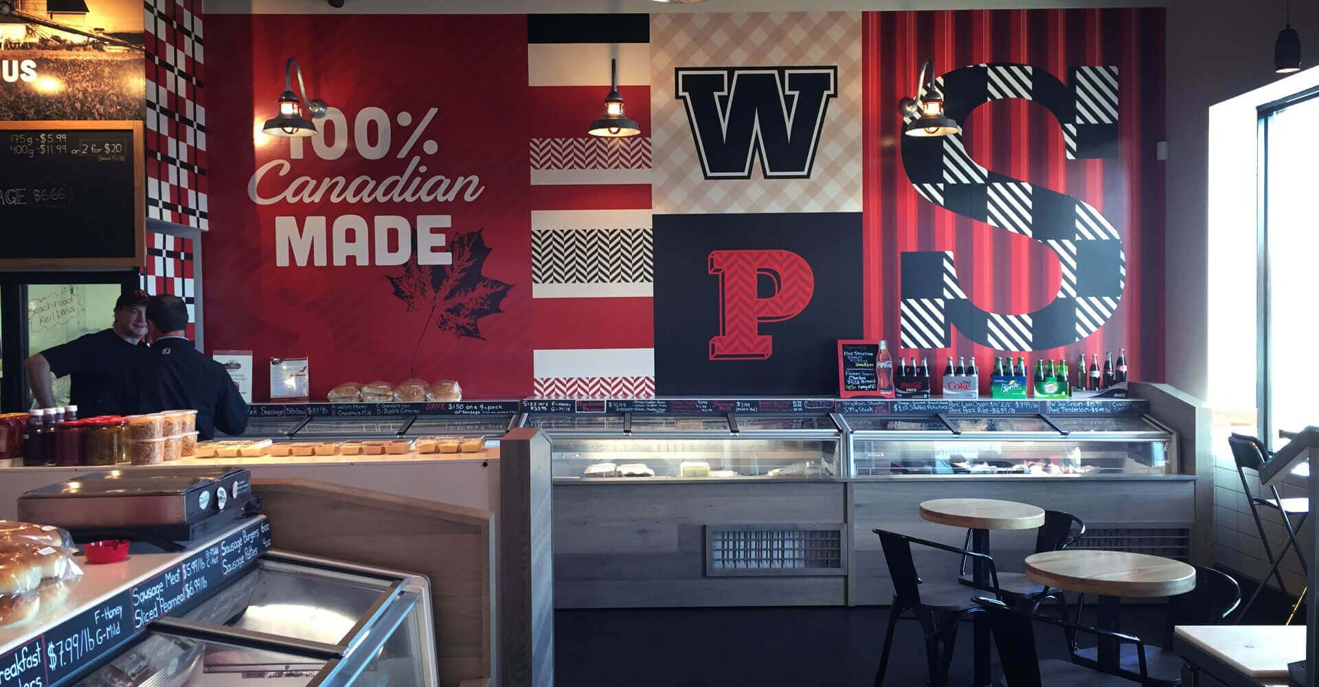 A restaurant with a sign that says 100 % canadian made
