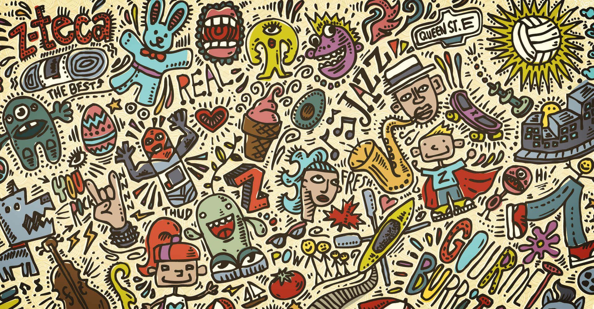 A seamless pattern of cartoon characters and objects on a yellow background.
