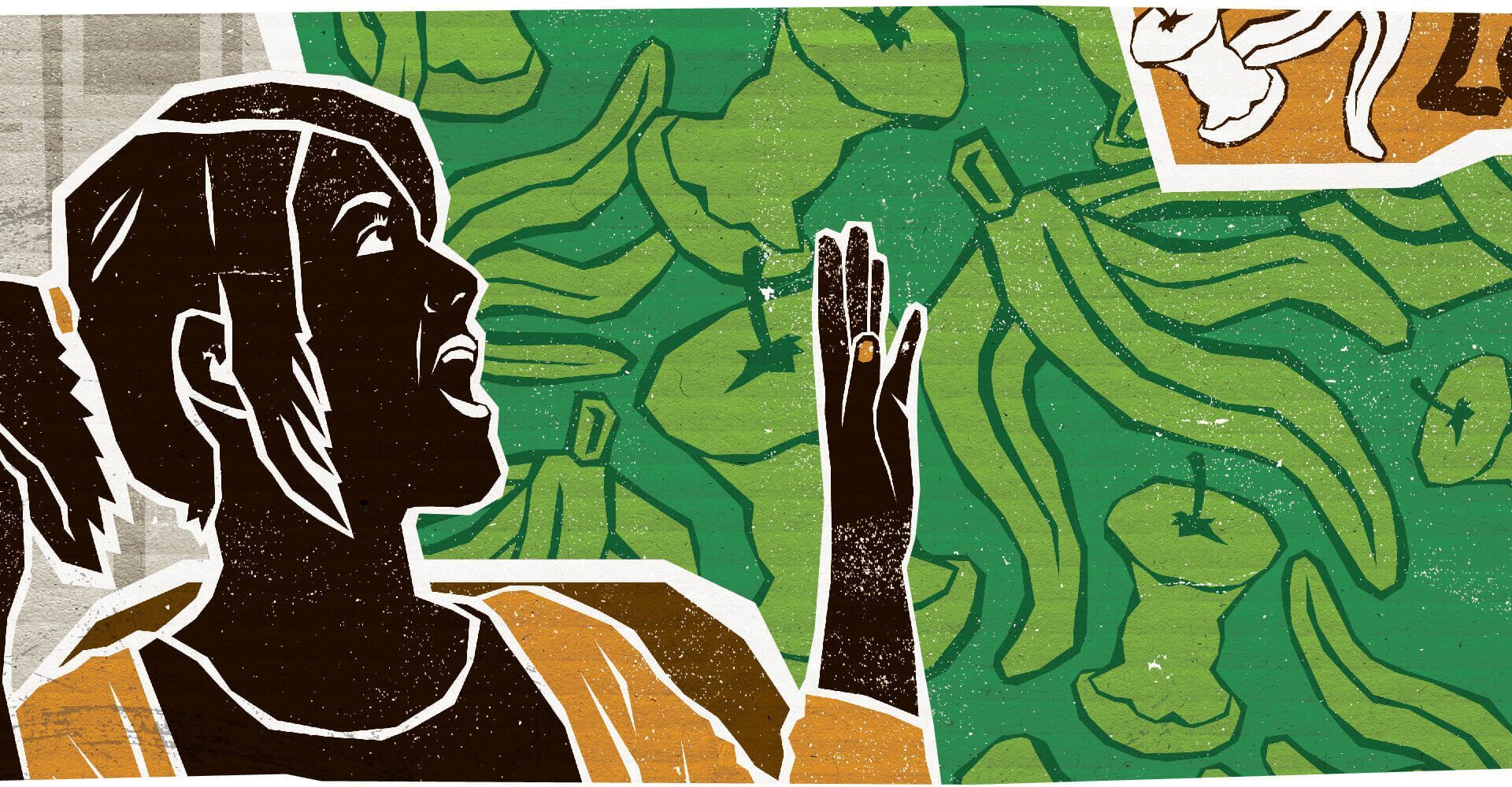 A drawing of a woman standing in front of a green background.