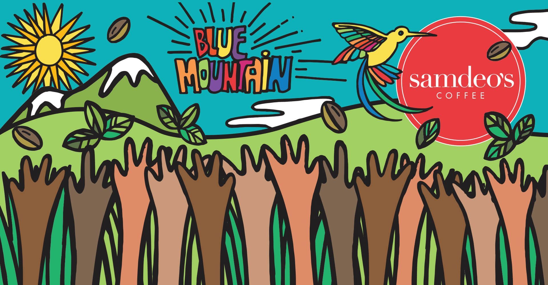 A blue mountain logo with a hummingbird and mountains in the background