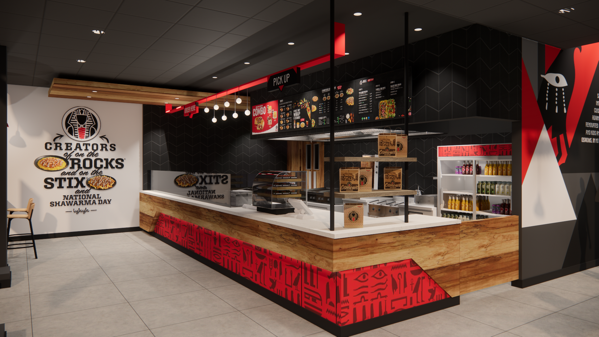 An artist 's impression of the interior of a pizza restaurant.