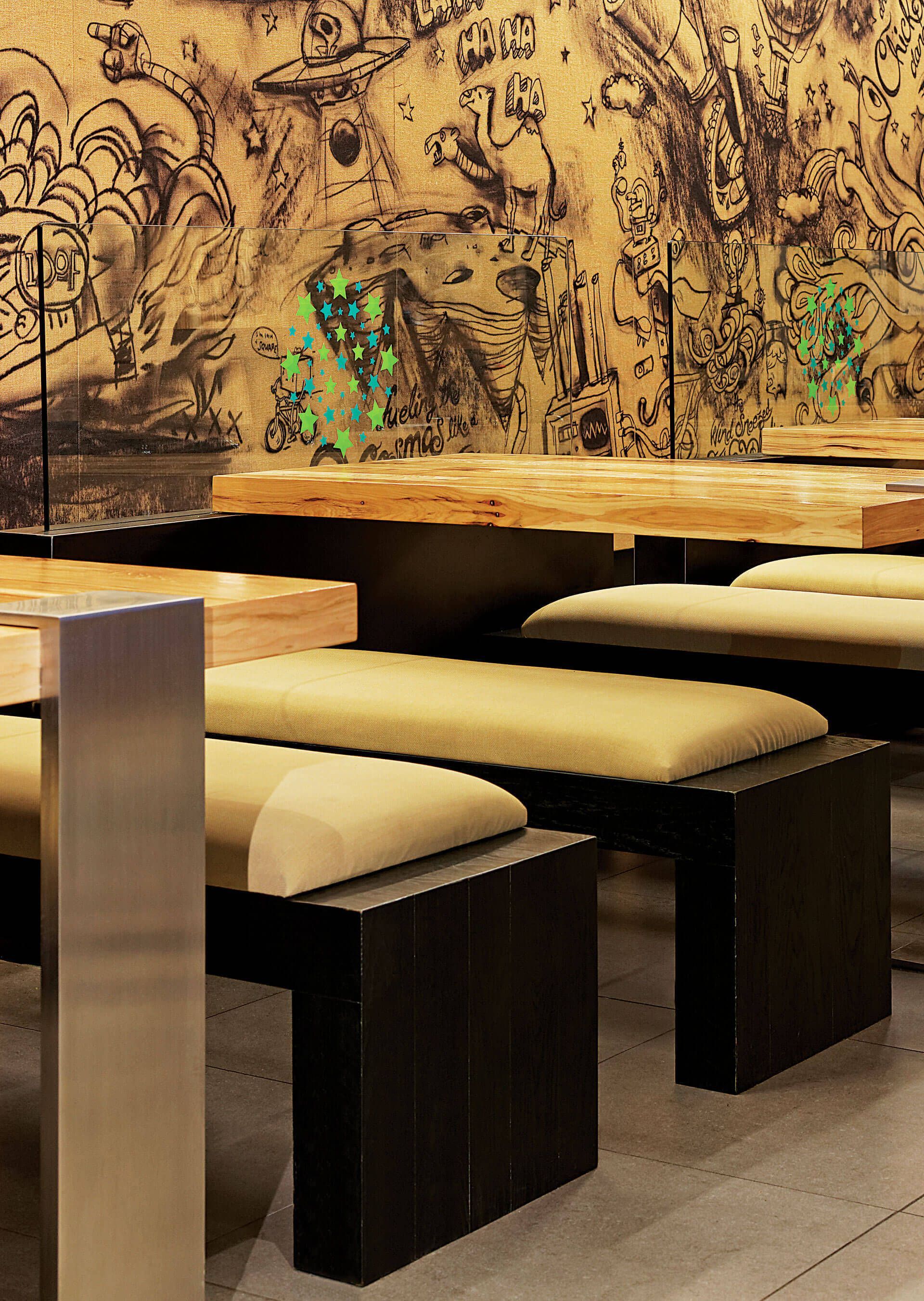 A row of tables and benches in a restaurant