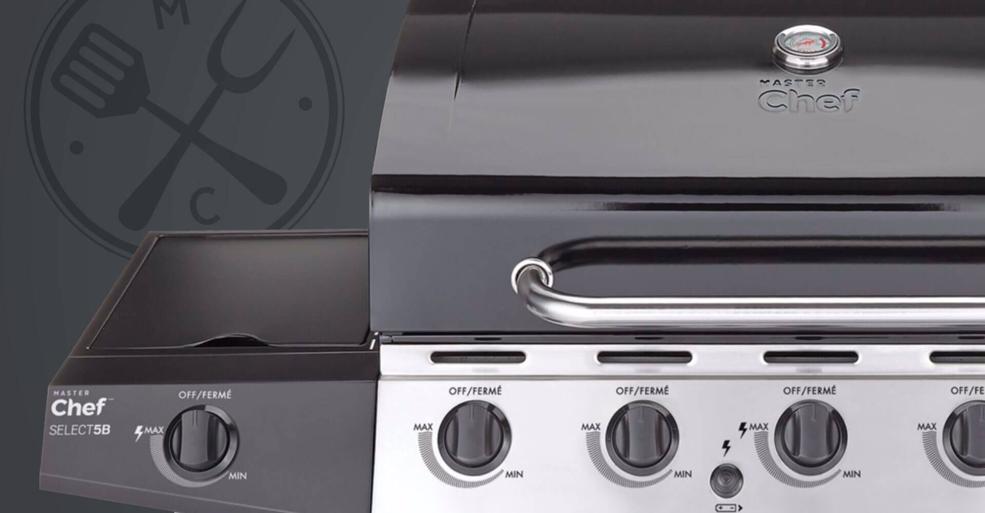 A close up of a grill with a chef logo on it