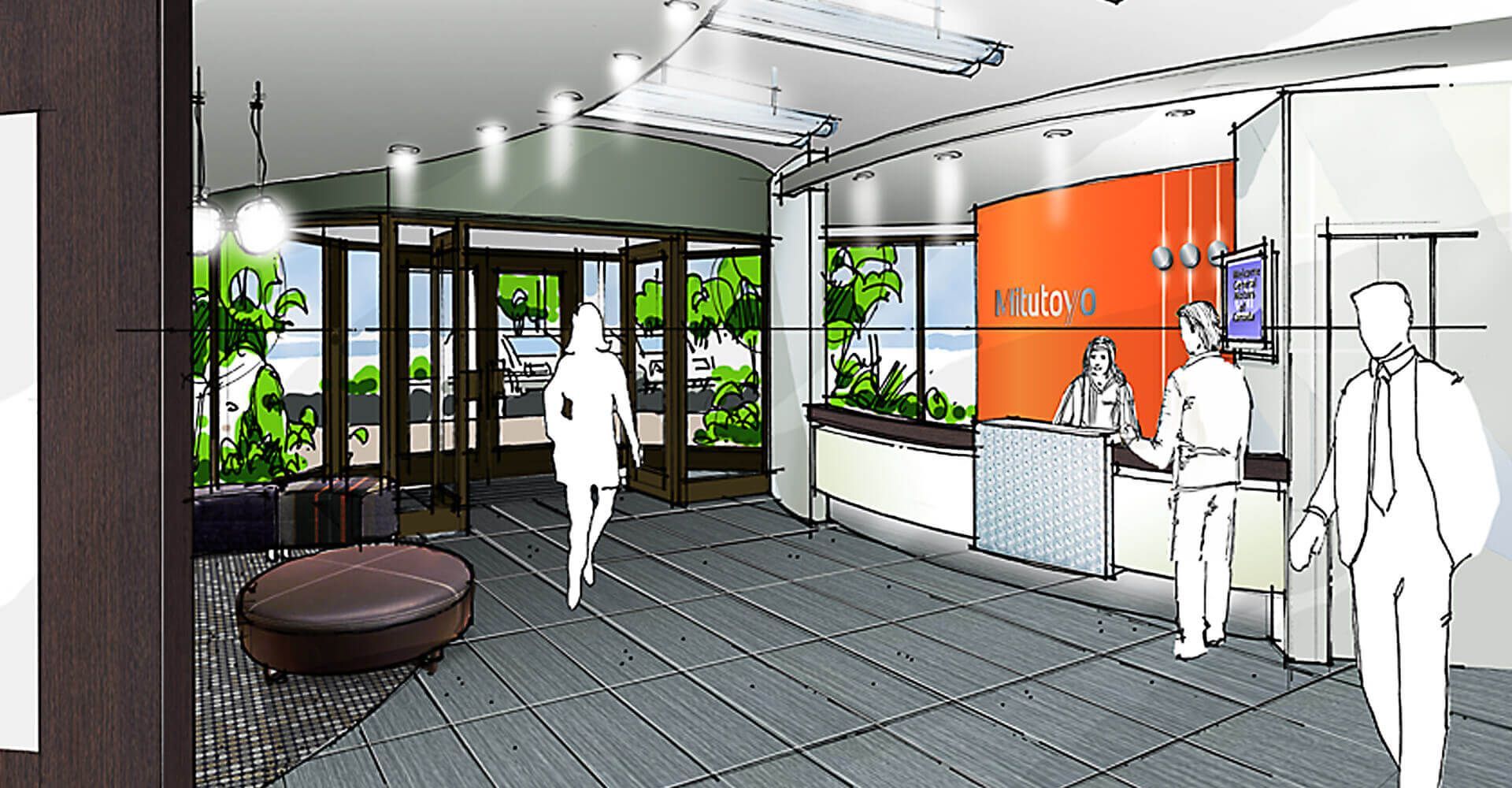 An artist 's impression of a lobby with a sign that says plaza