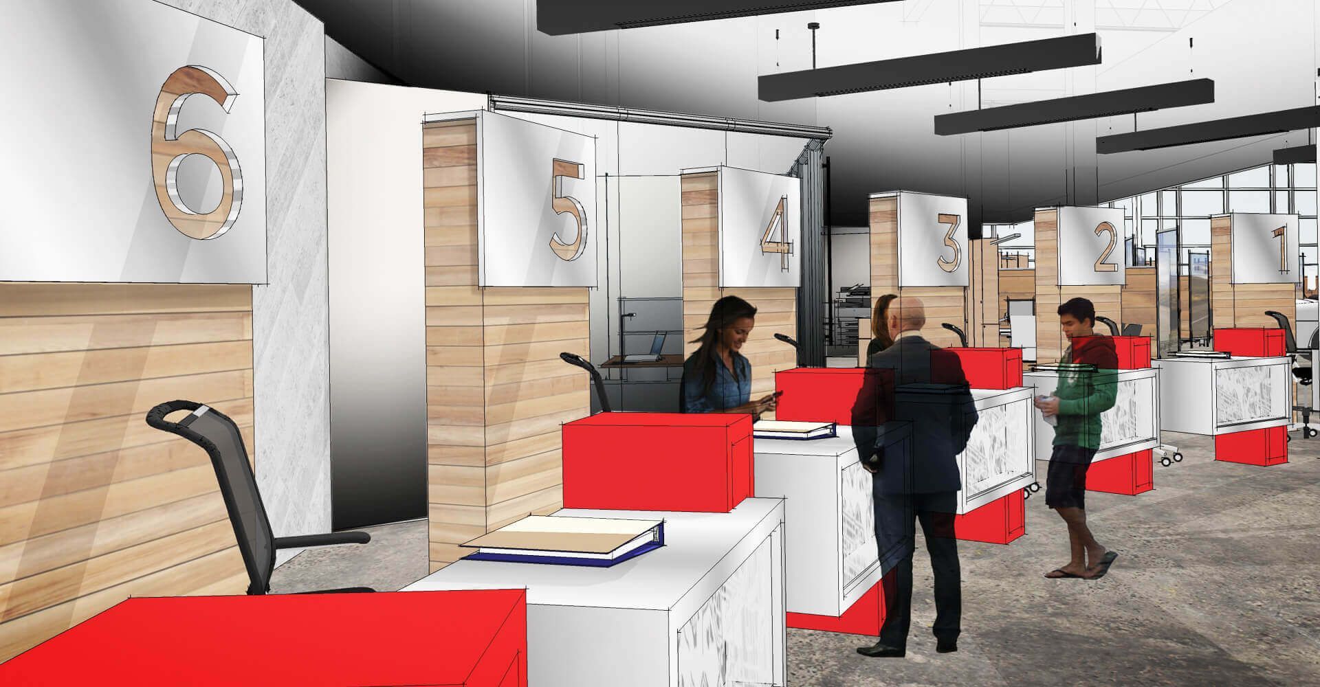 A group of people are standing in a room with red and white cubicles.