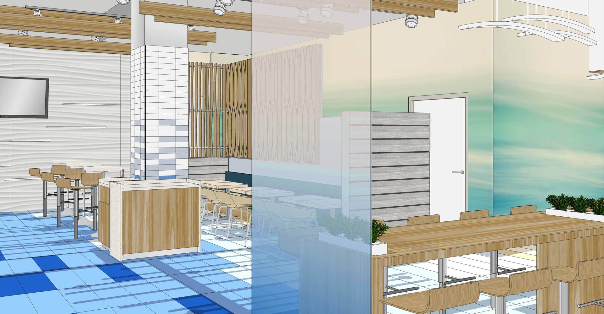 A computer generated image of a room with a view of the ocean.