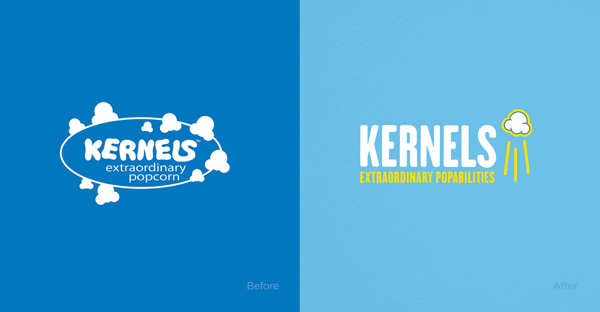 A blue and white logo for kernels popcorn on a blue background.