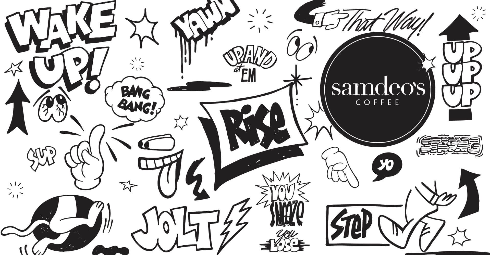 A black and white drawing of a wake up sign