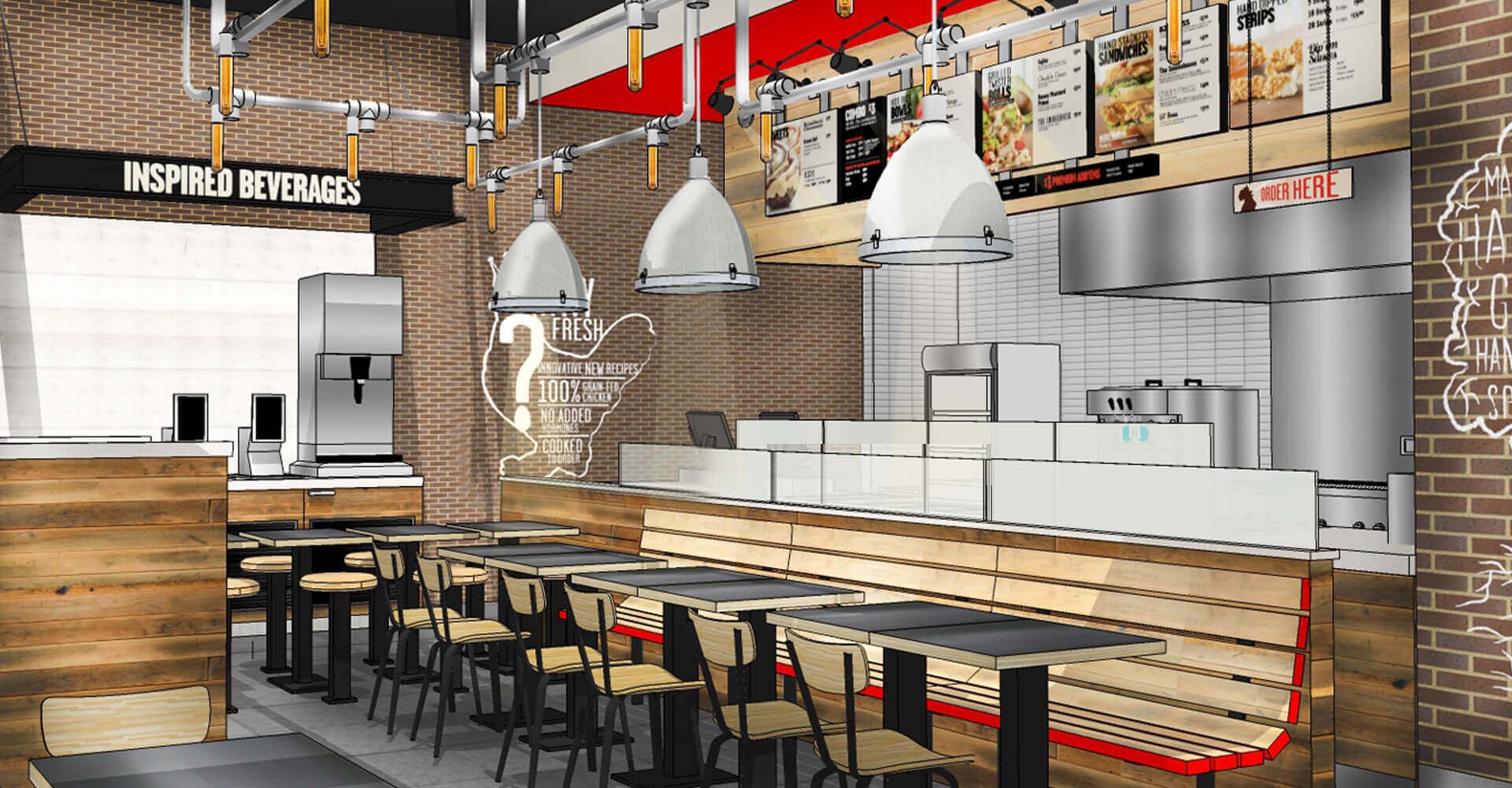 An artist 's impression of a fast food restaurant with tables and chairs.