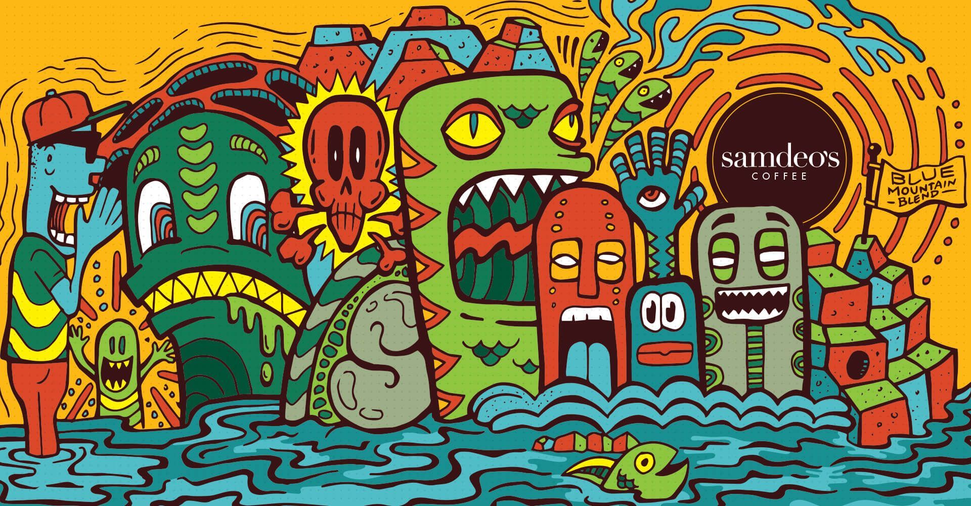 A colorful drawing of a group of monsters on a yellow background.
