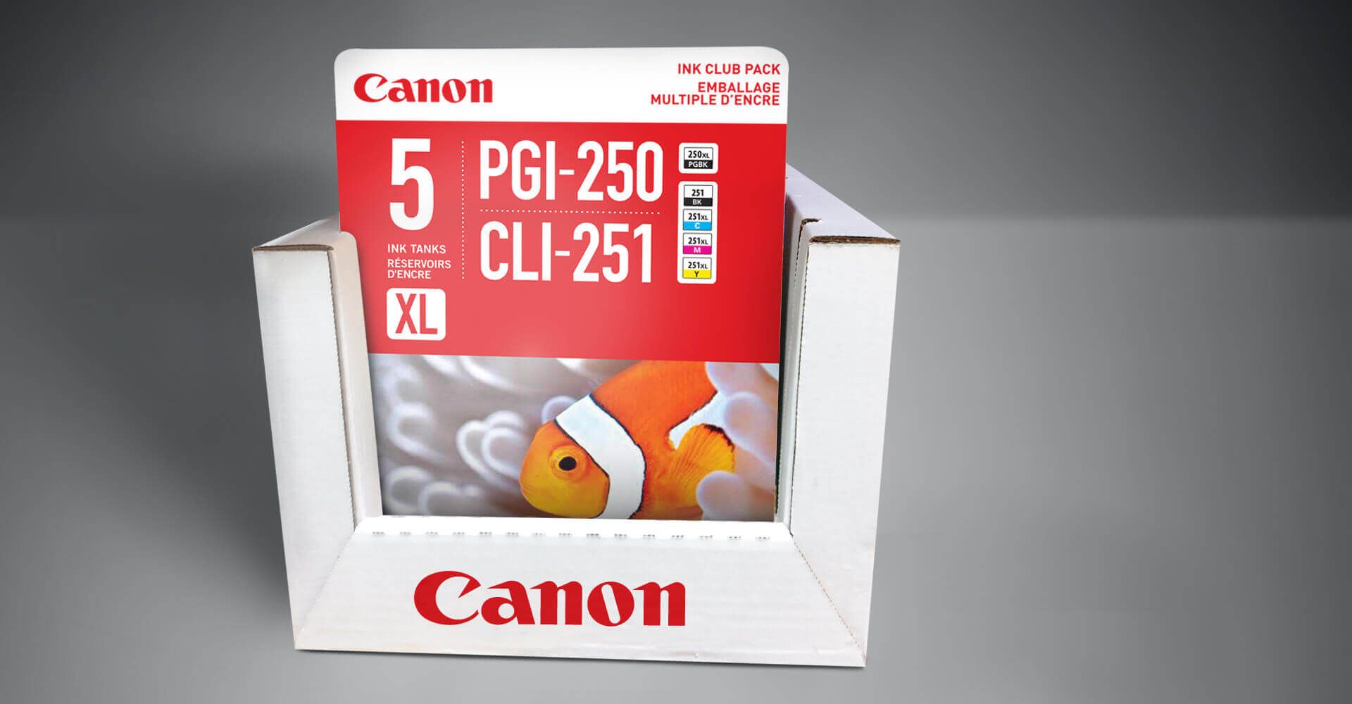 A box of canon ink cartridges with a clown fish on it
