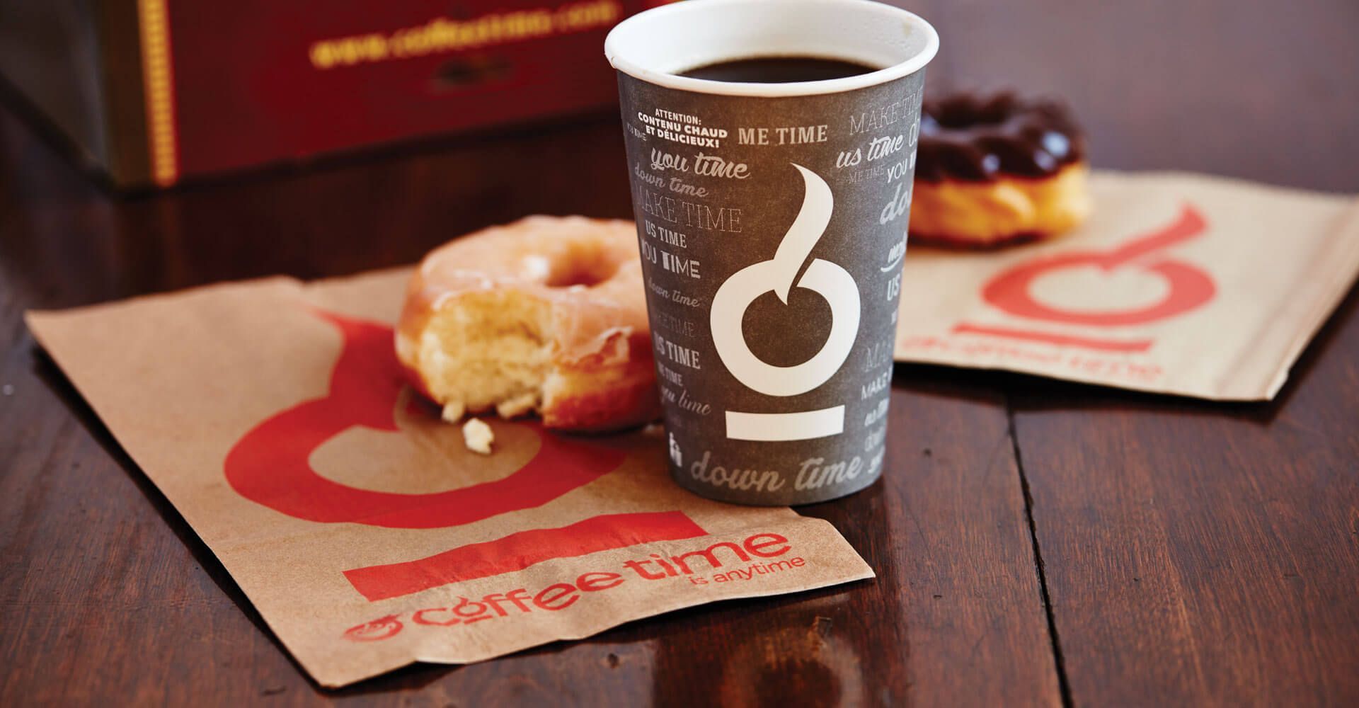 A cup of coffee and a donut on a table