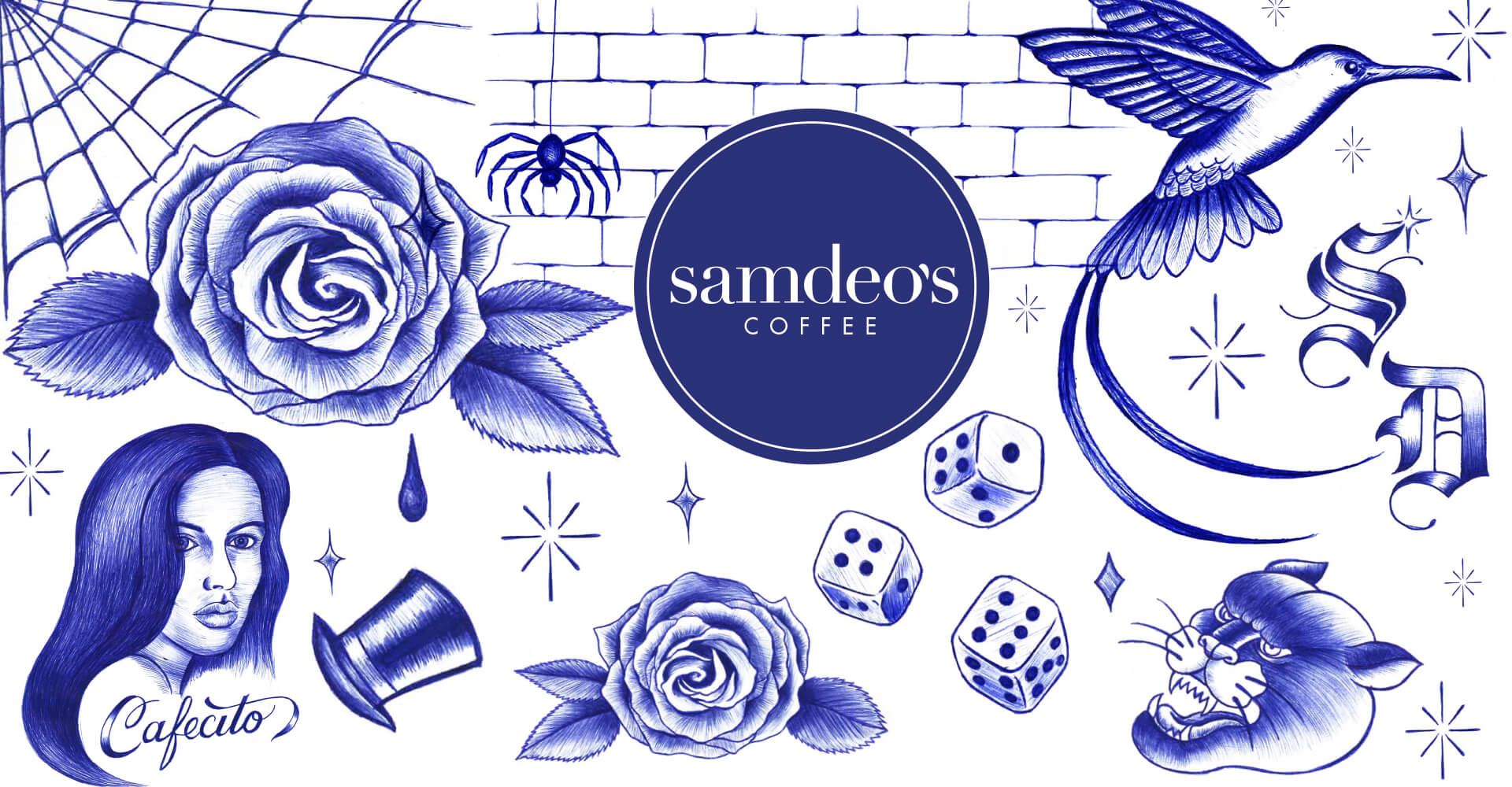 A set of blue and white drawings with the words samdeos coffee