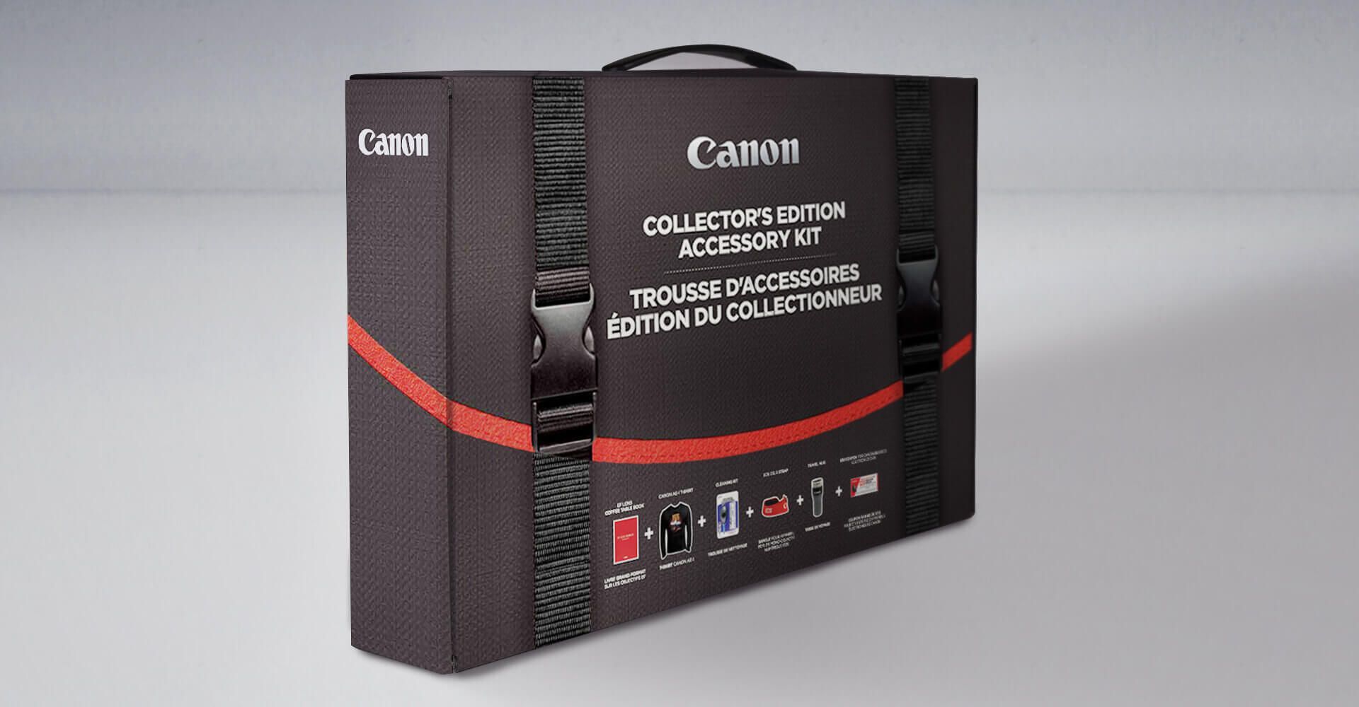 A black briefcase with the word canon on it