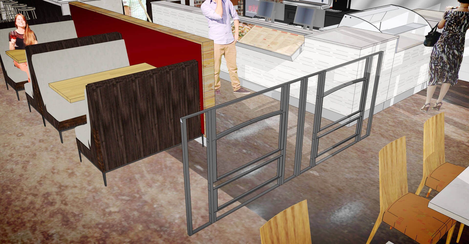 An artist 's impression of a restaurant with tables and chairs.