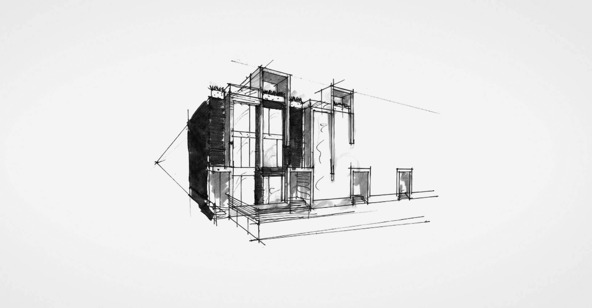 A black and white drawing of a building on a white background.