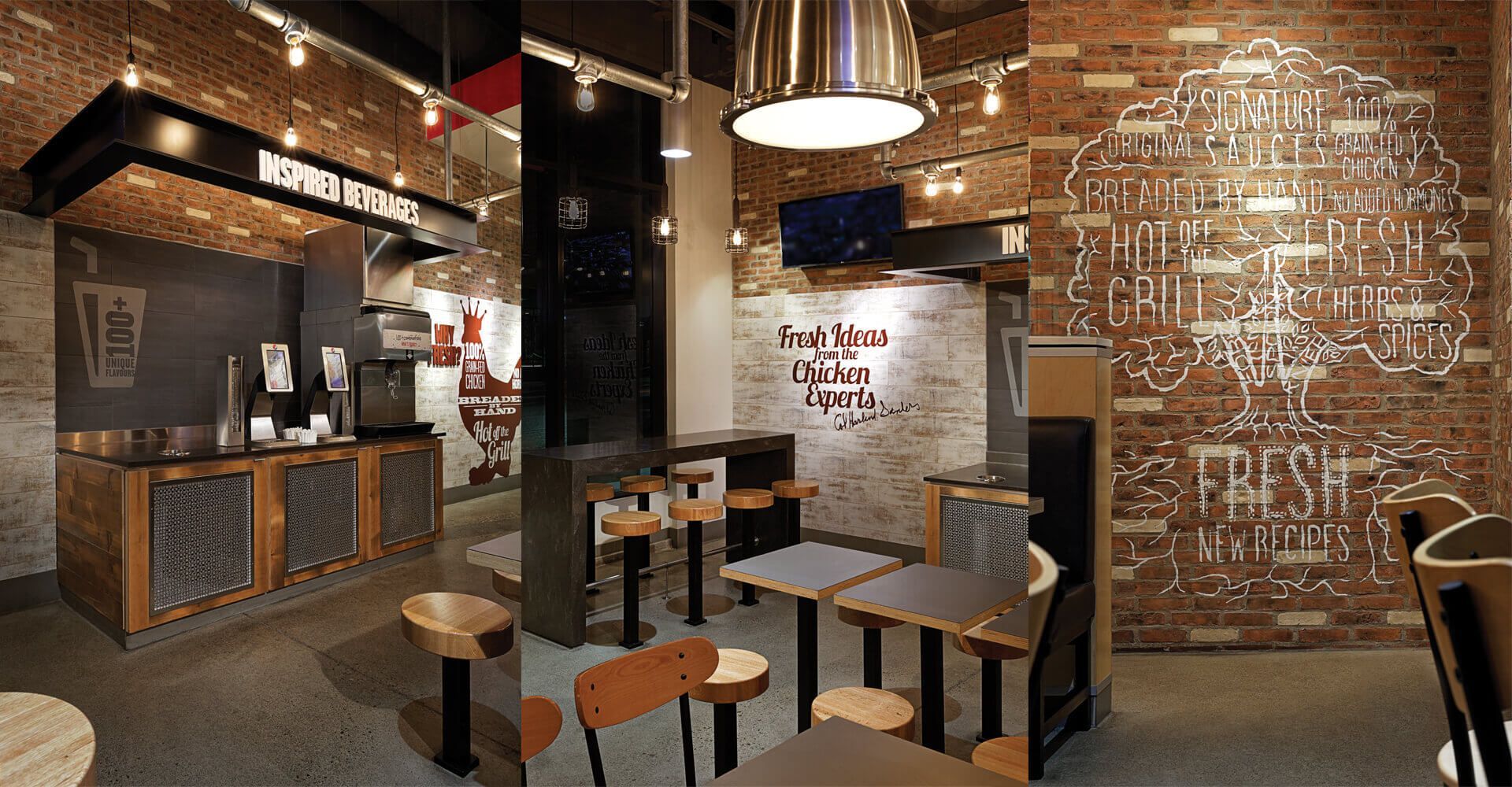 A restaurant with tables and chairs and a brick wall.