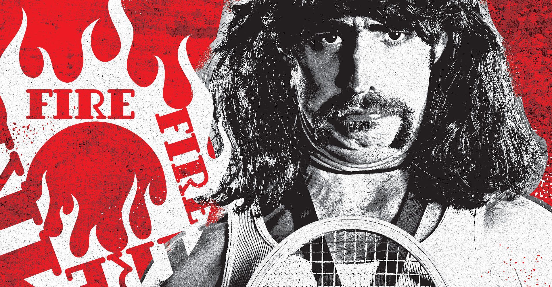 A man with long hair and a beard is holding a tennis racquet.