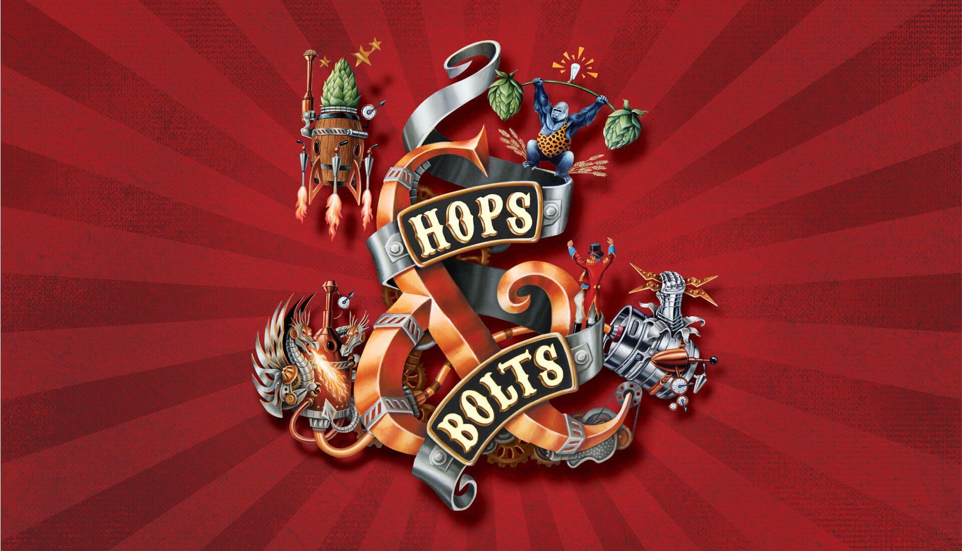 A logo for hops and bolts on a red background
