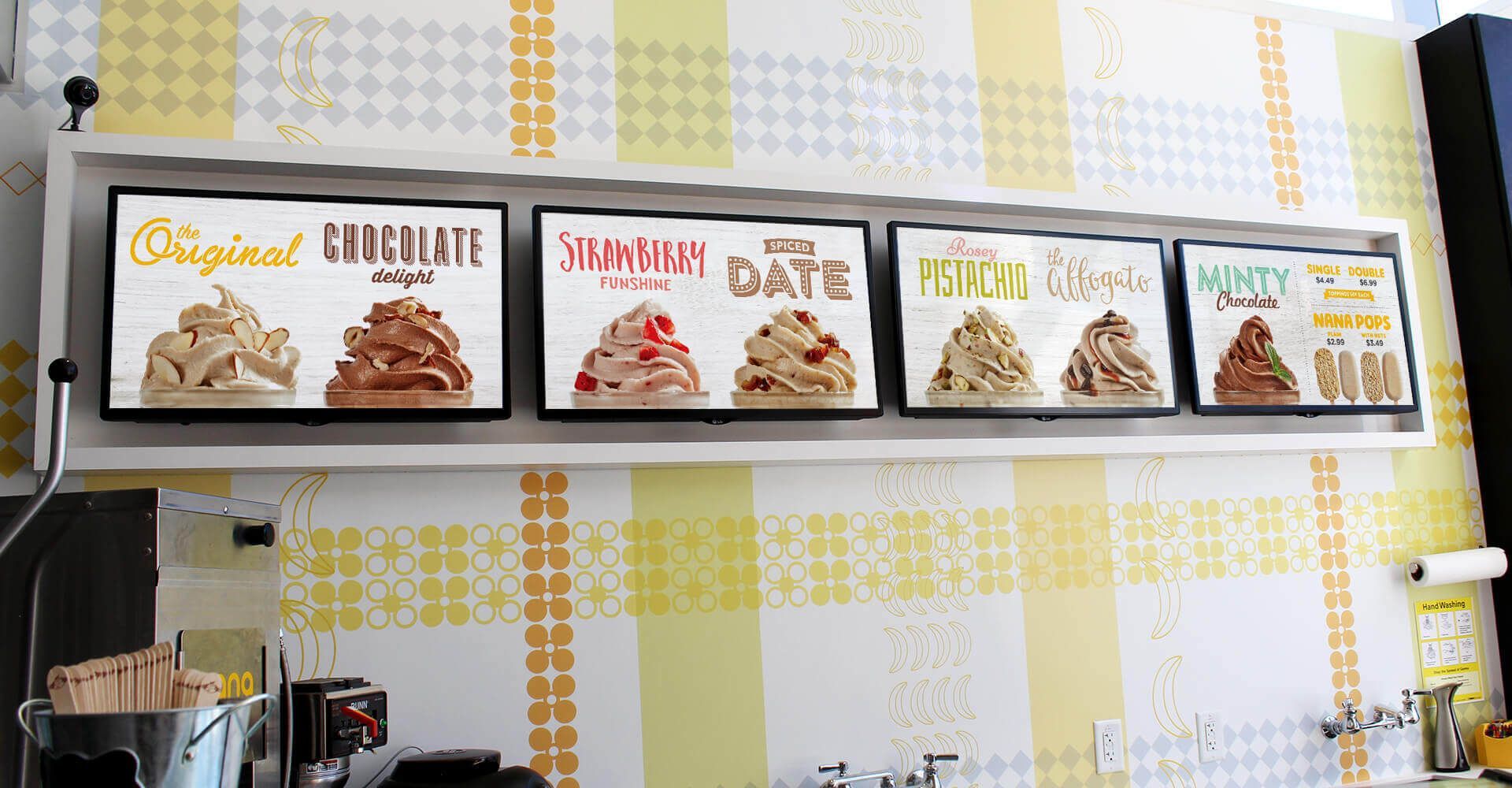 A display of different flavors of ice cream on a wall
