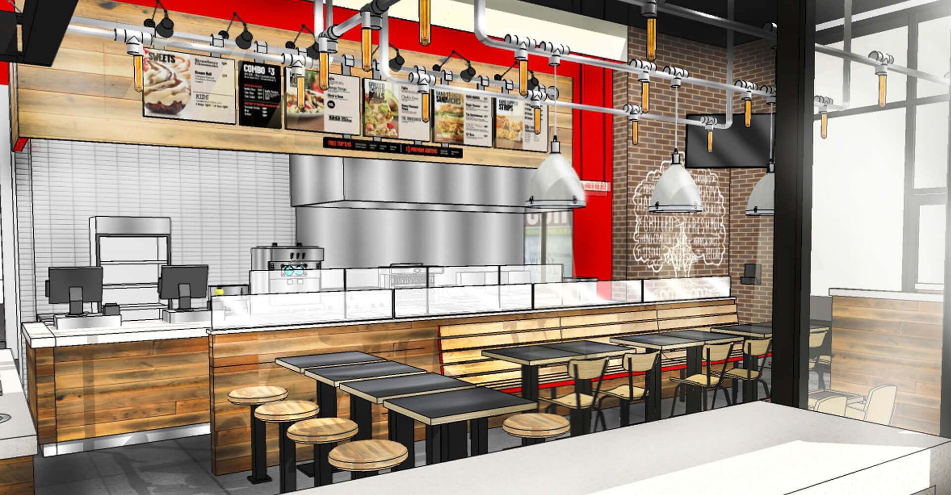 An artist 's impression of a restaurant with tables and chairs.
