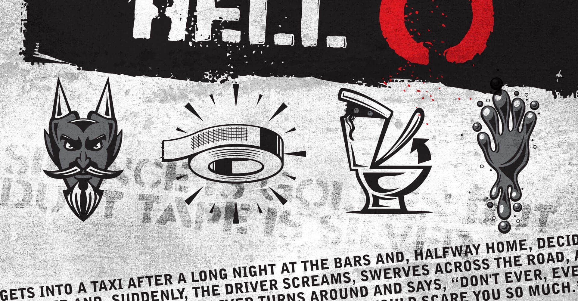 A black and white poster with a devil and a toilet on it