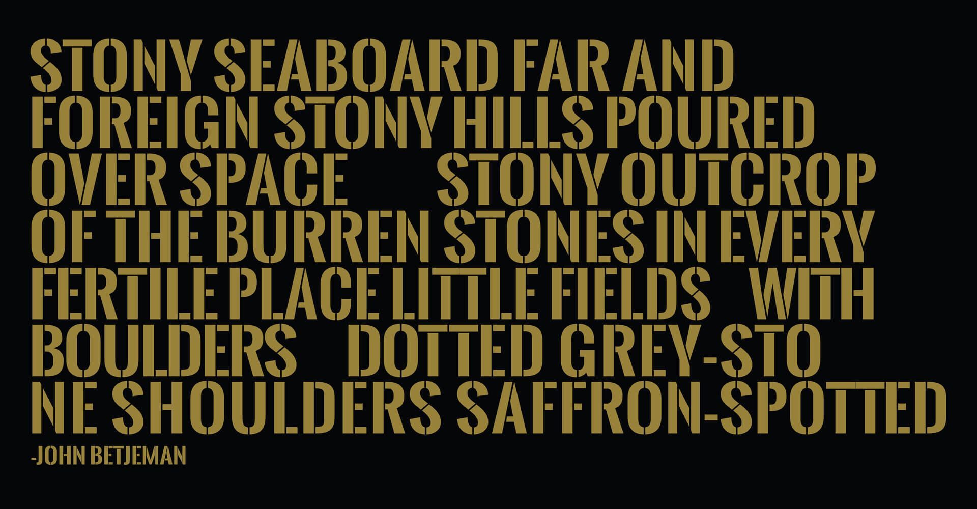 A black background with gold text that says stony seaboard far and foreign stony hills poured over space