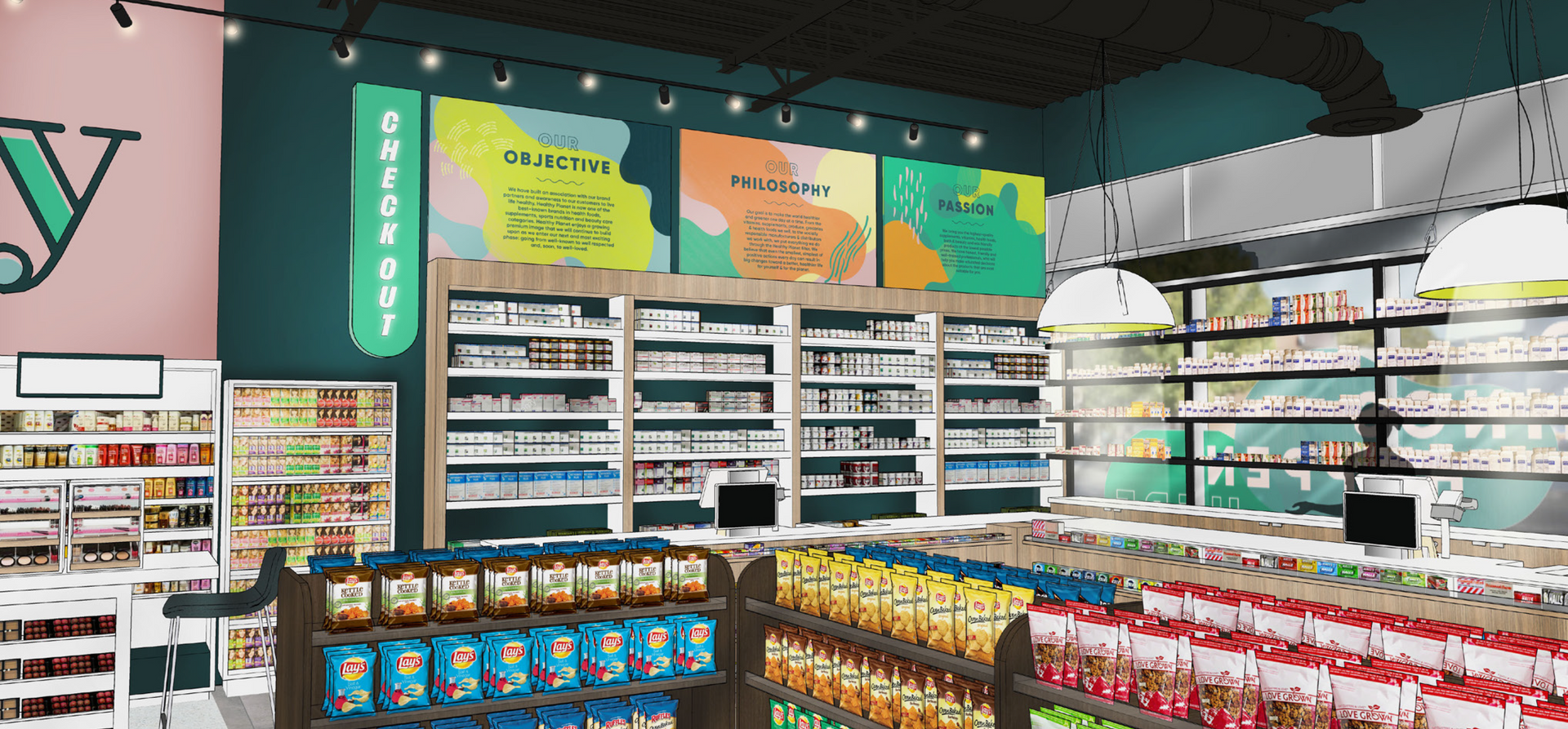An artist 's impression of a grocery store filled with lots of products.