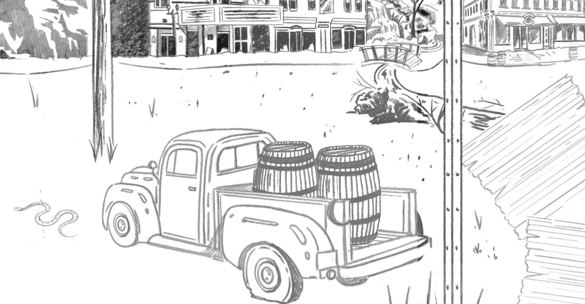 A black and white drawing of an old truck with barrels in the back.