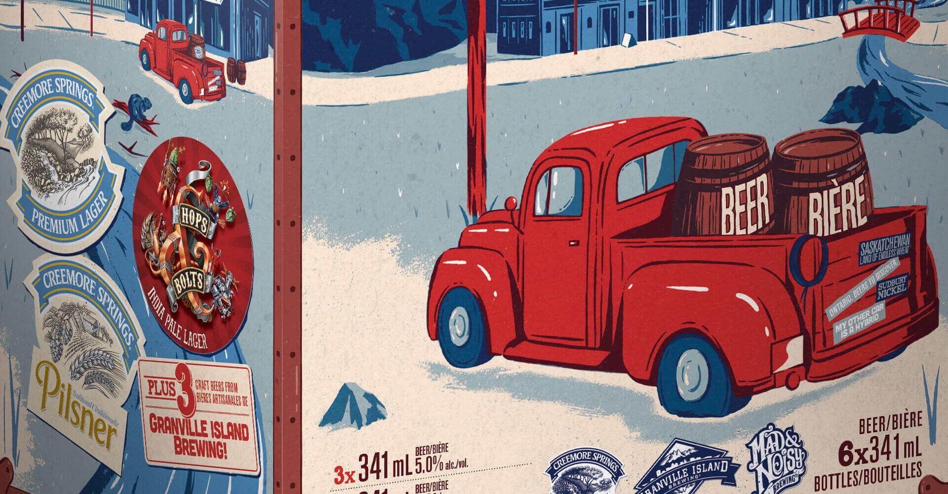 A red truck with barrels of beer in the back