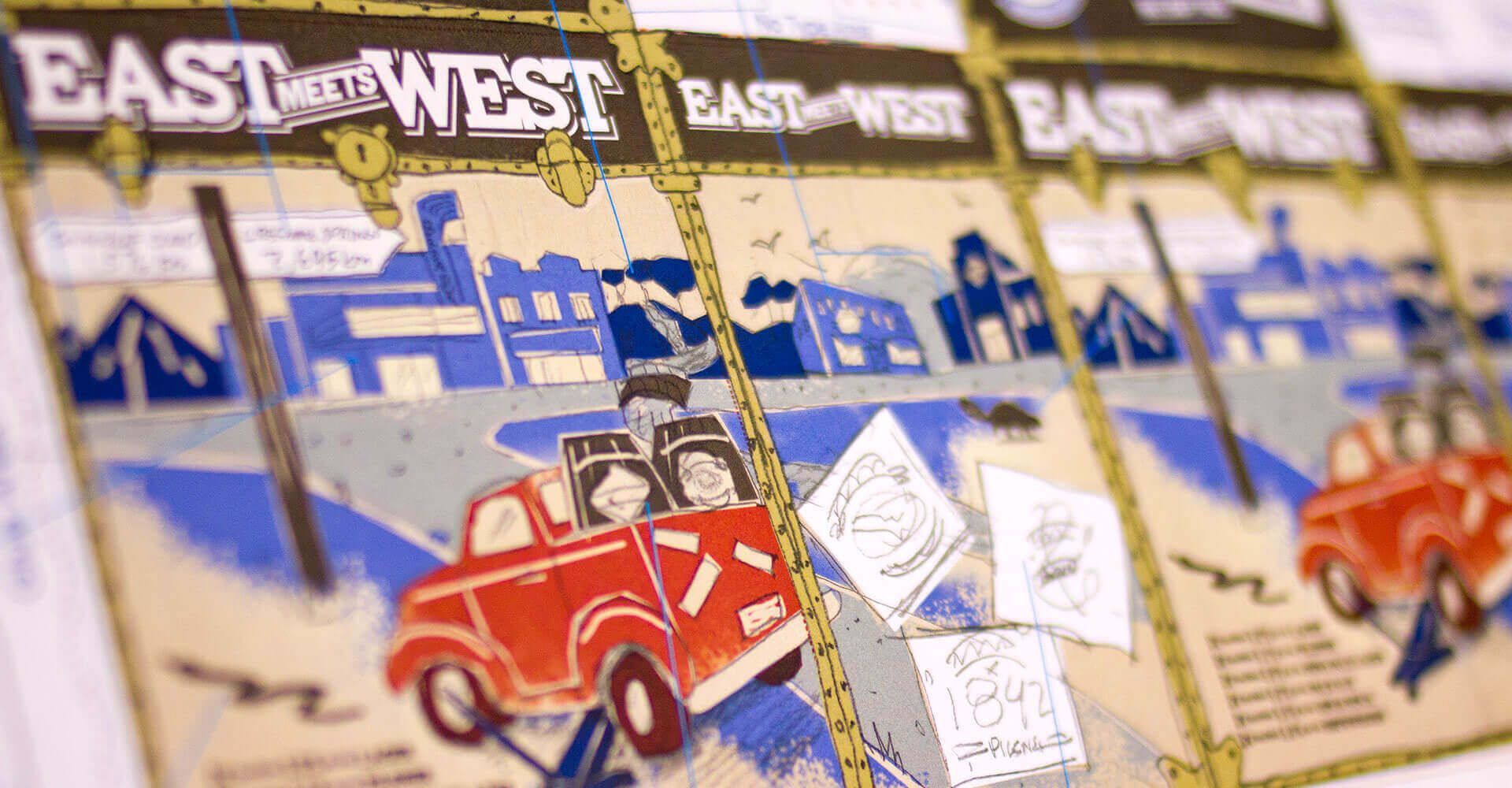 A close up of a map of east and west