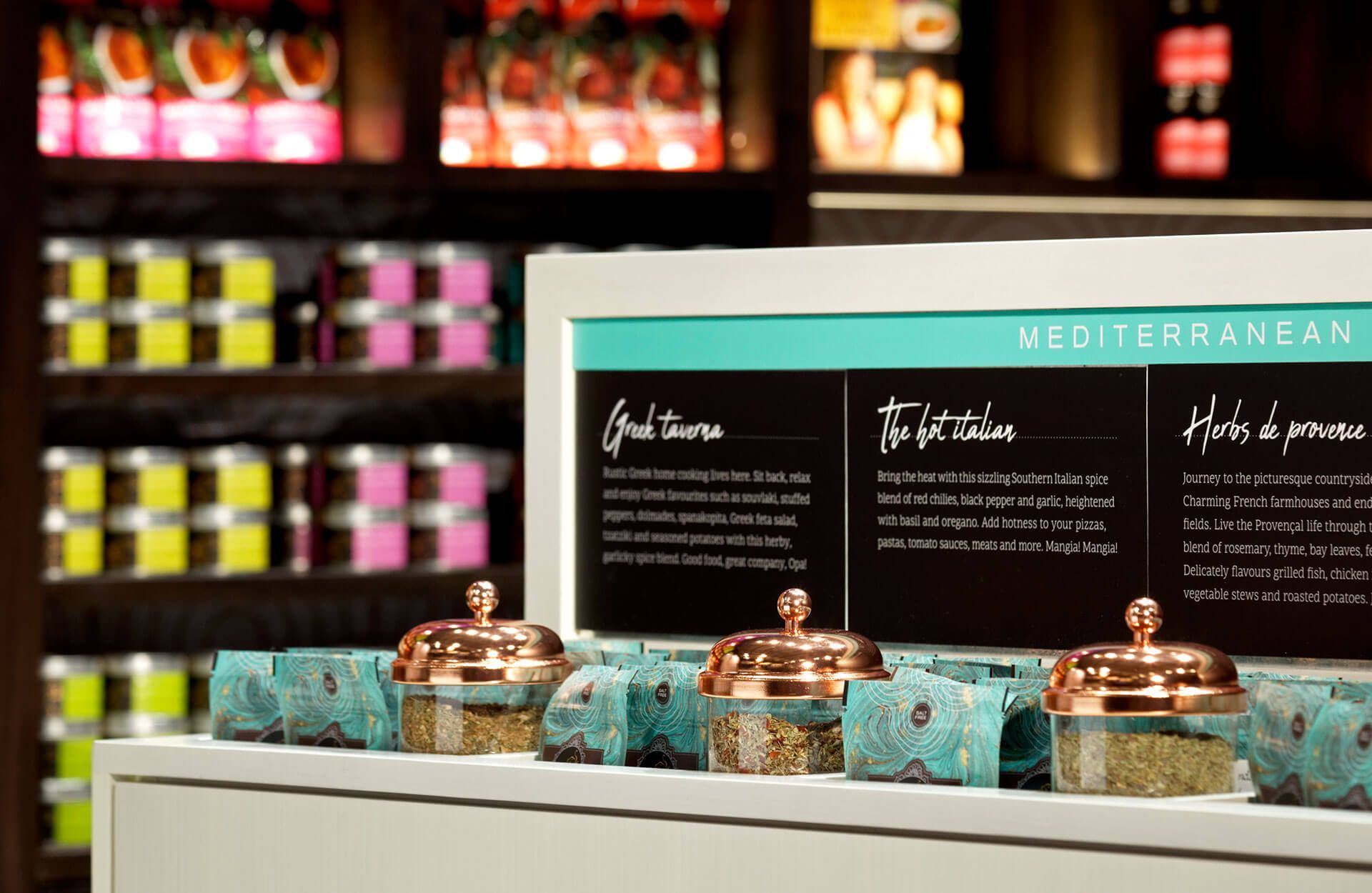 A shelf with a sign that says mediterranean on it