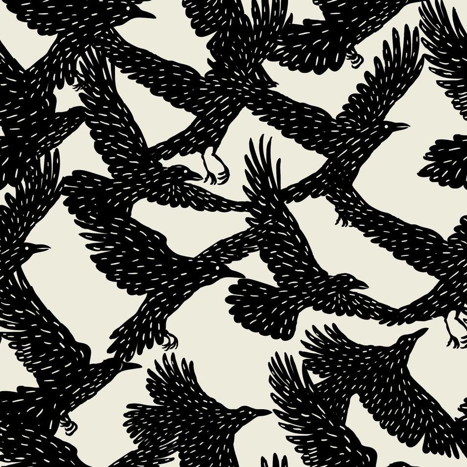 A seamless pattern of black birds flying in the air on a white background.