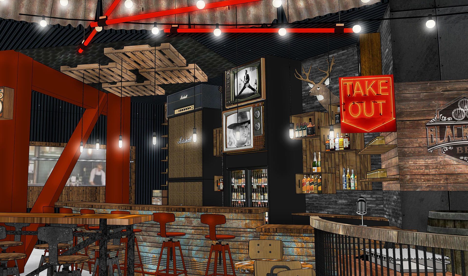 A take out sign is hanging from the ceiling of a restaurant.