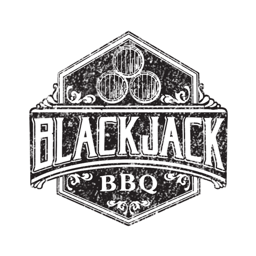 A black and white logo for a bbq restaurant called blackjack bbq.