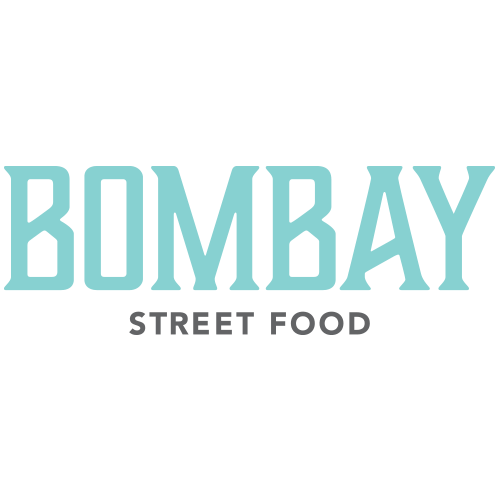 The logo for bombay street food is blue and white.