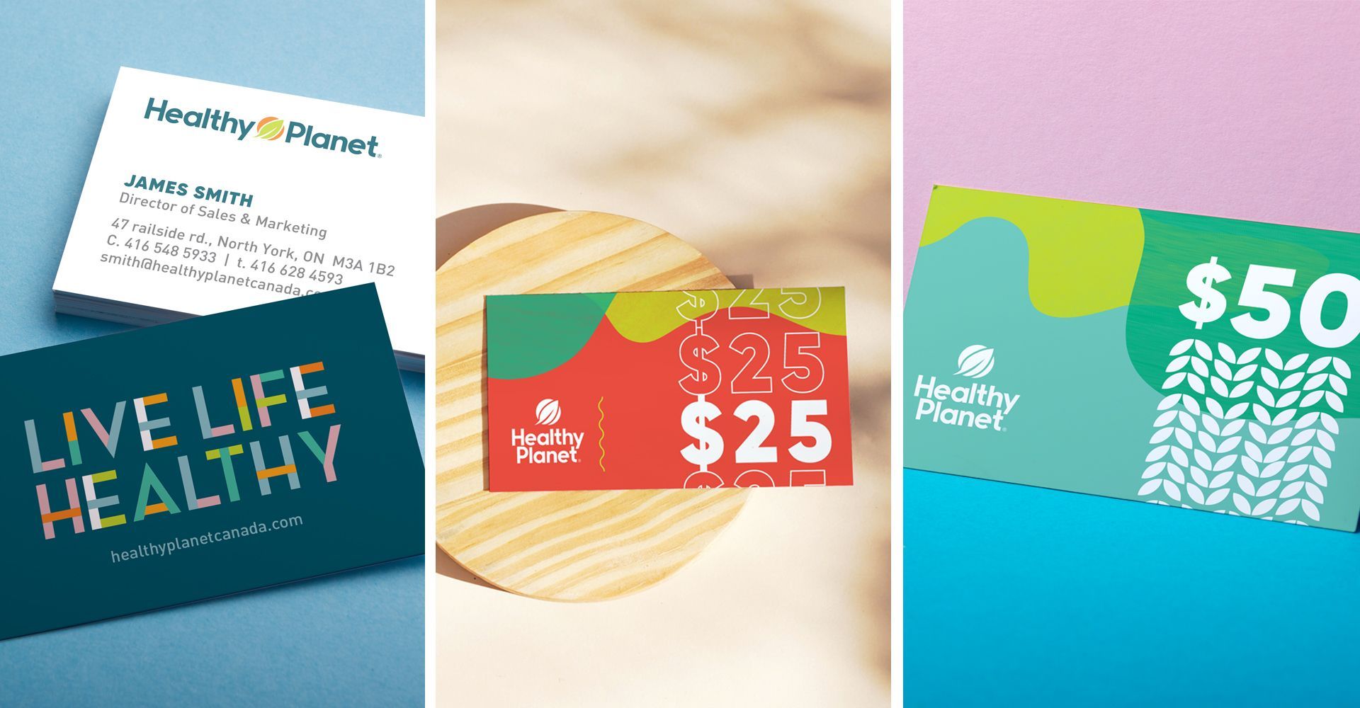 A collage of three business cards and a gift card.