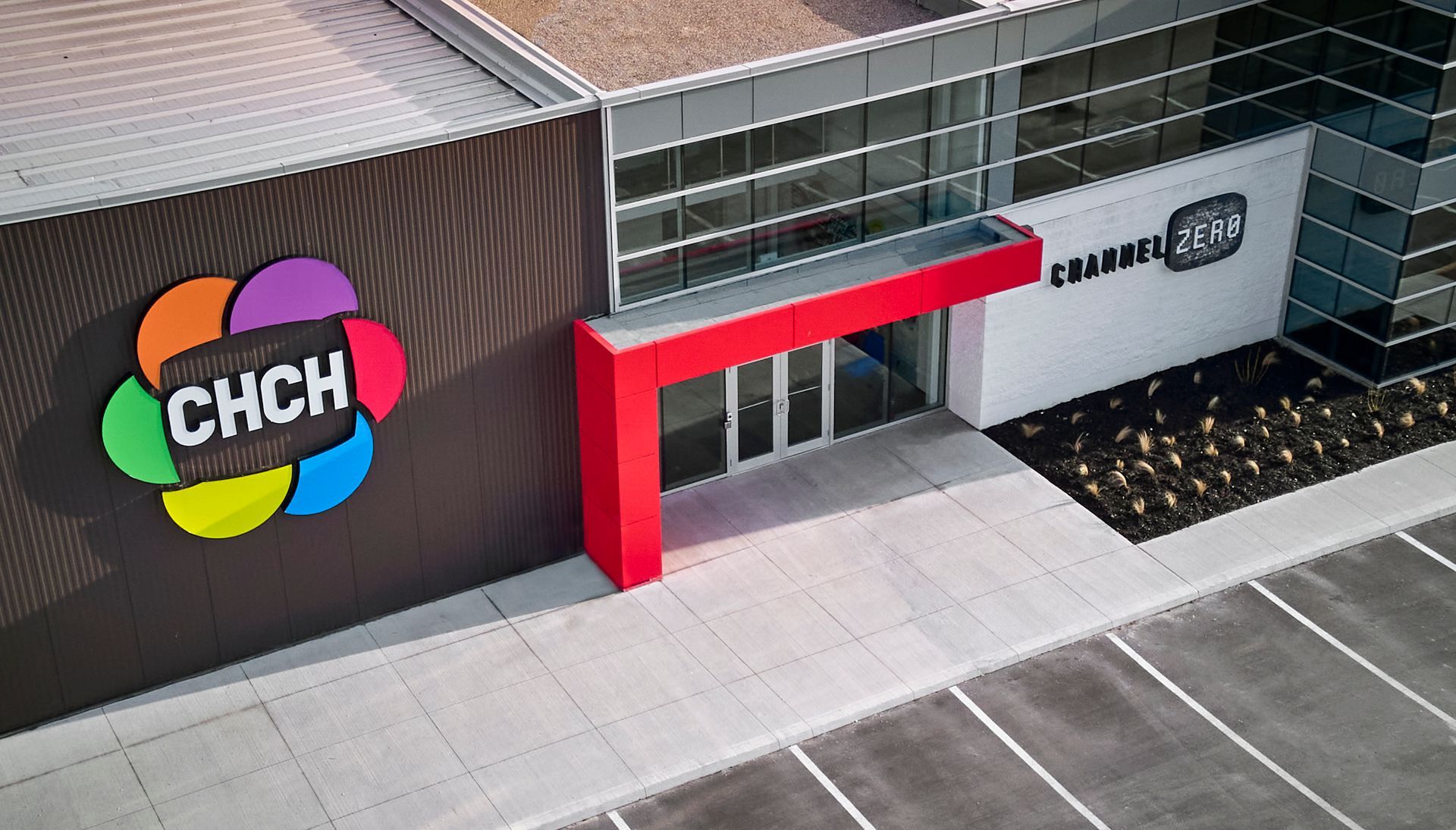 An aerial view of a building that says chch on it