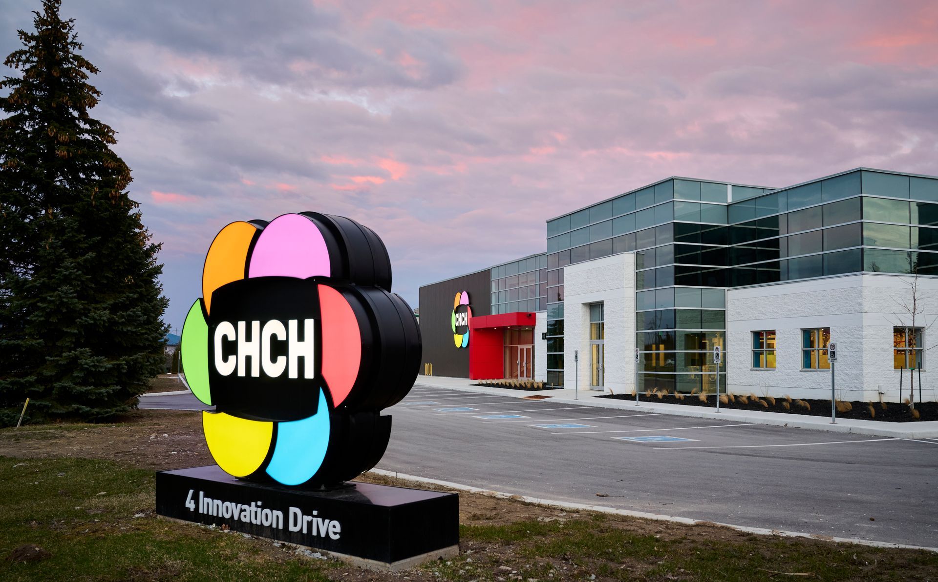 A sign for chch is in front of a building