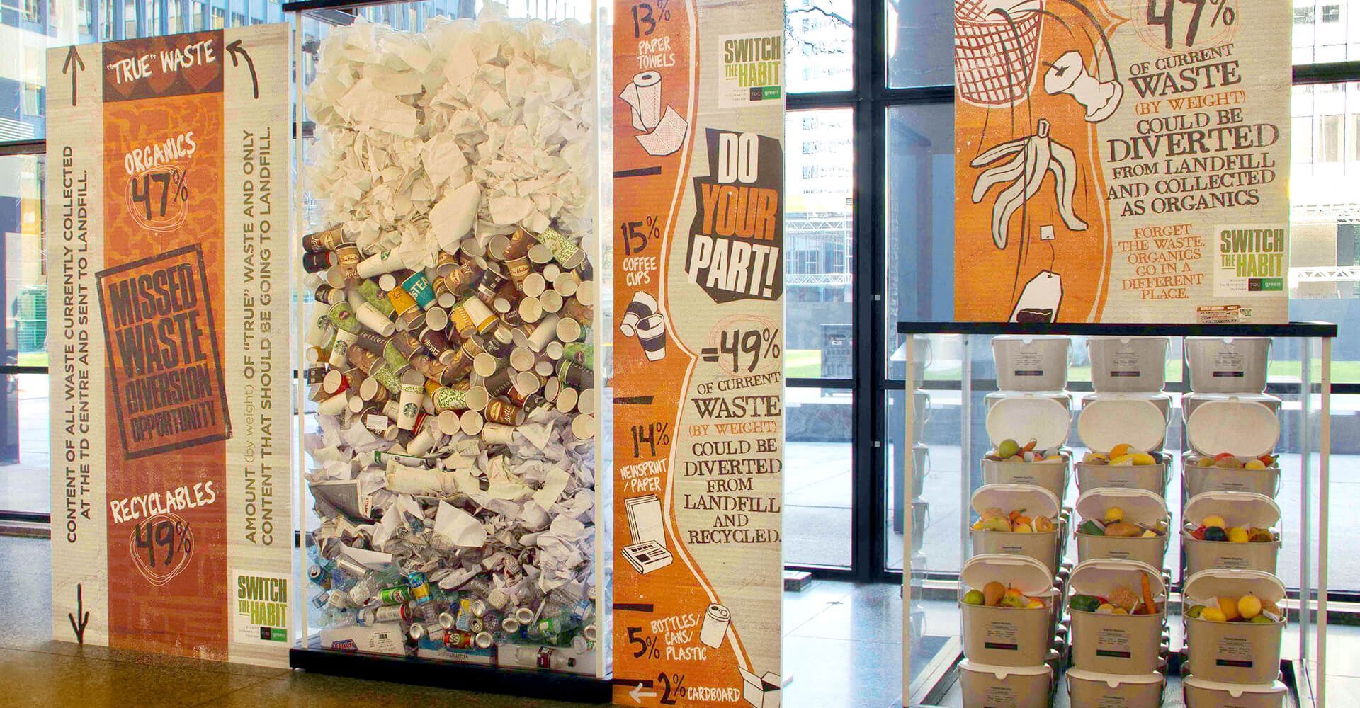 A bunch of posters on a wall with one that says ' waste ' on it