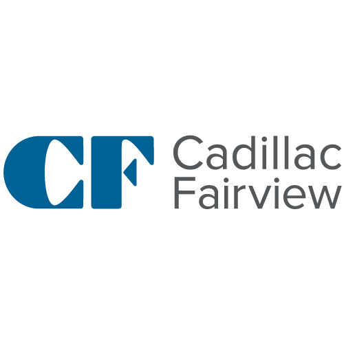 The logo for cadillac fairview is blue and white on a white background.