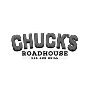 The logo for chuck 's roadhouse bar and grill is black and white.