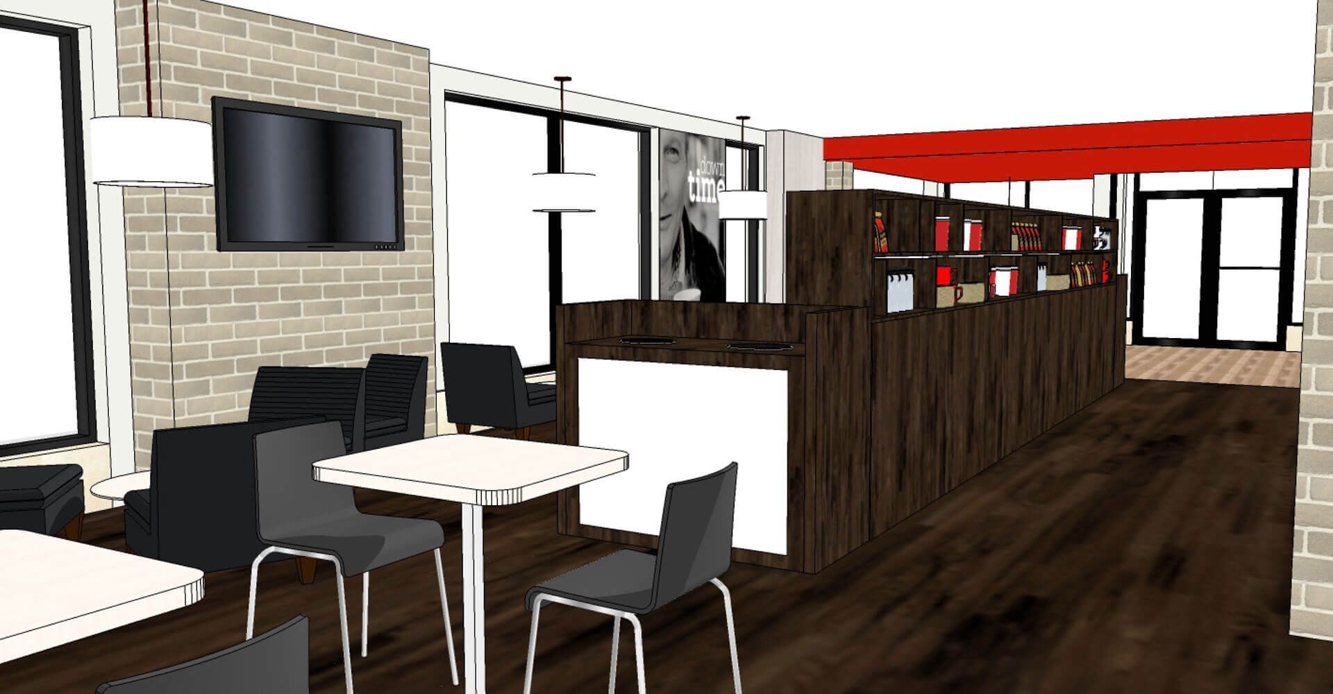 A drawing of a restaurant with tables and chairs