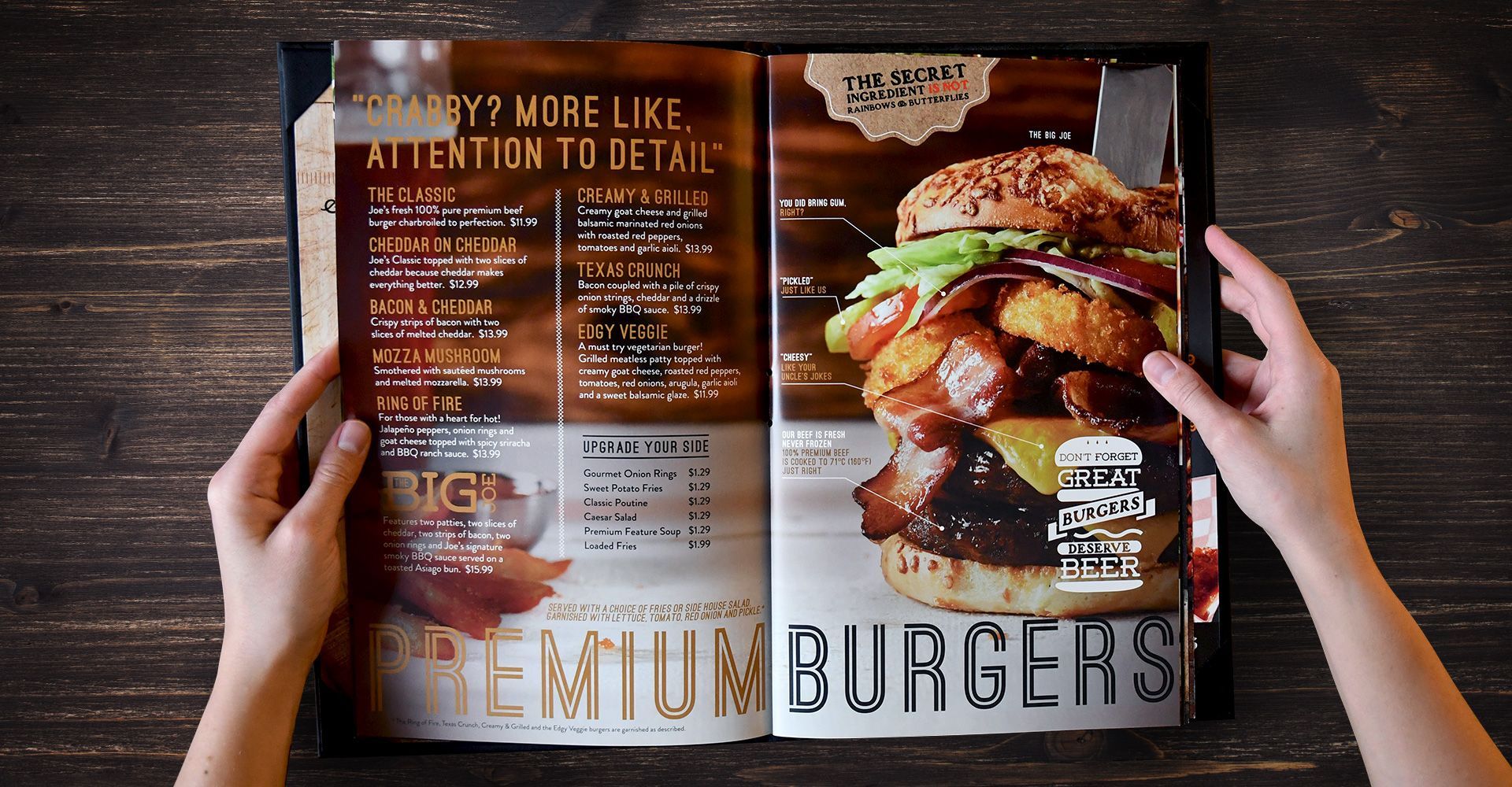 A person is holding a menu for premium burgers