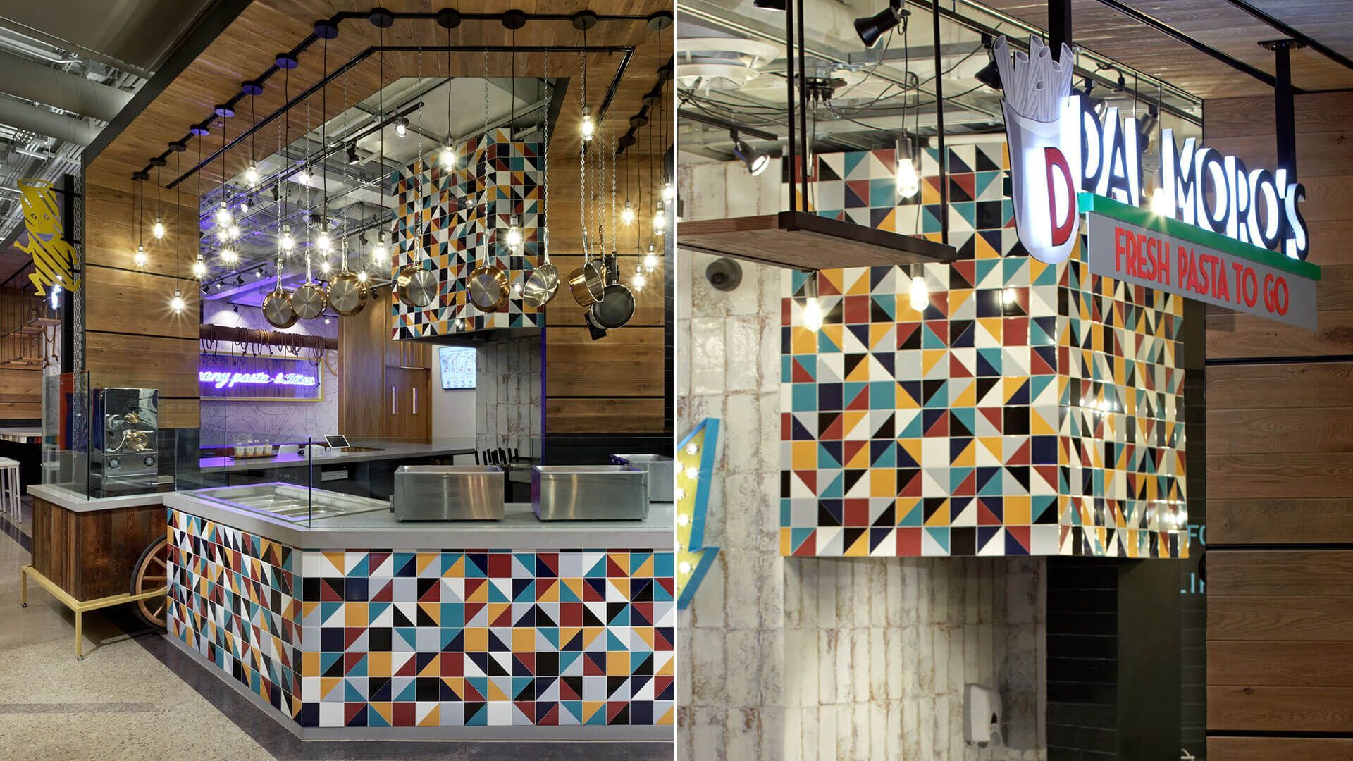 A picture of the inside of a restaurant and a picture of the outside of a restaurant.