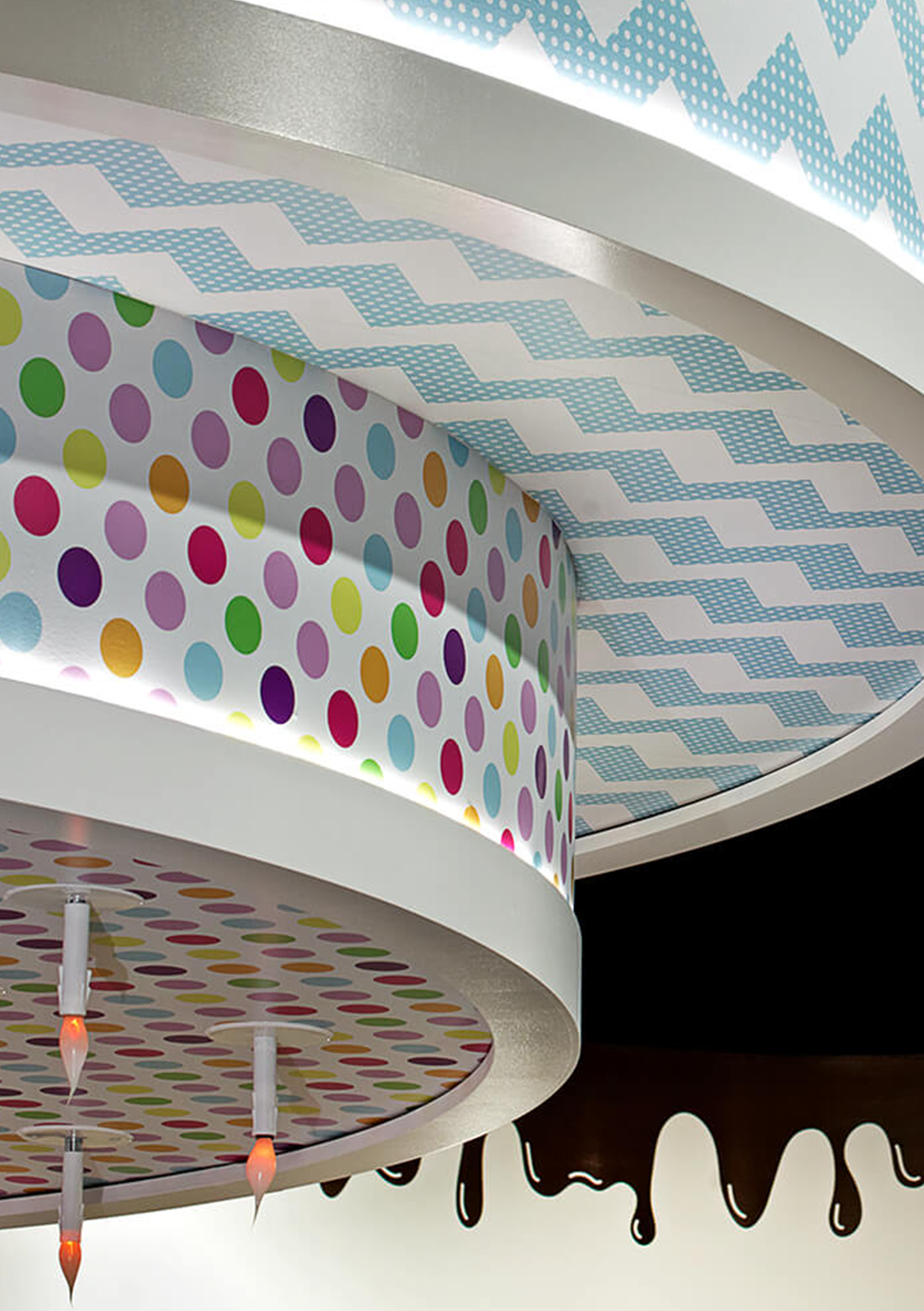 A ceiling with polka dots and a chevron pattern